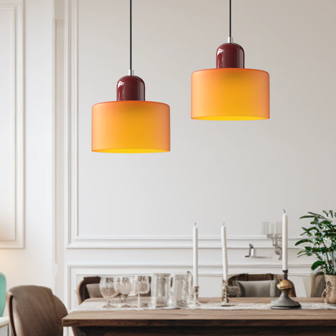 Retro Pendant Lamp with Orange Glass Shade & Green Top