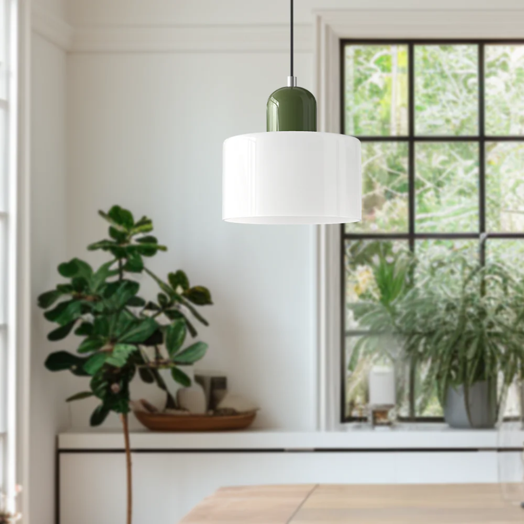 Retro Pendant Lamp with Orange Glass Shade & Green Top