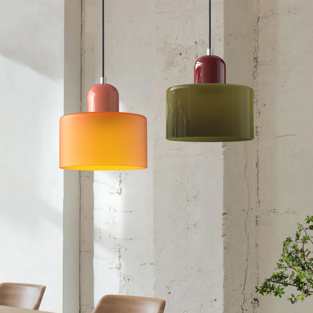 Retro Pendant Lamp with Orange Glass Shade & Green Top
