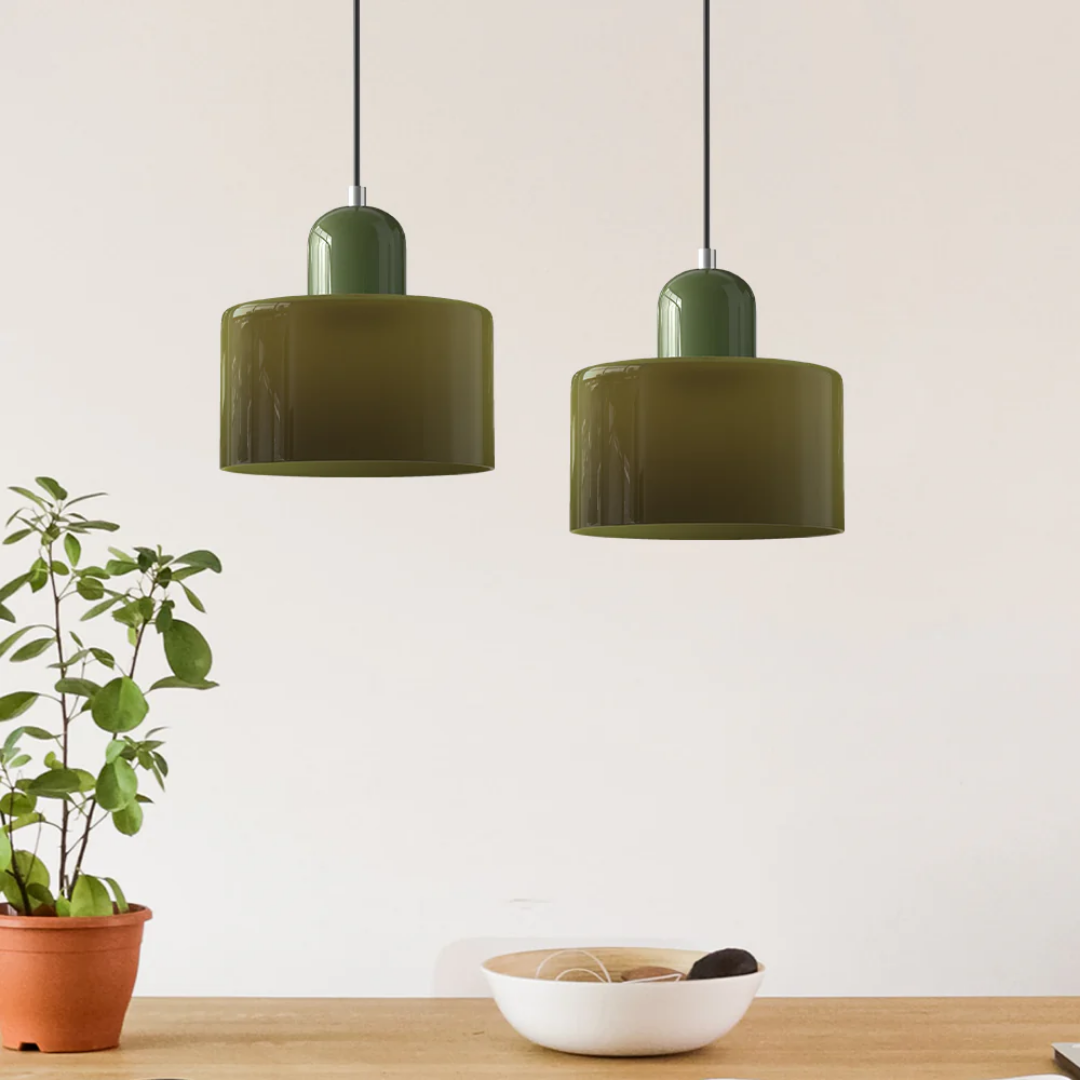 Retro Pendant Lamp with Orange Glass Shade & Green Top
