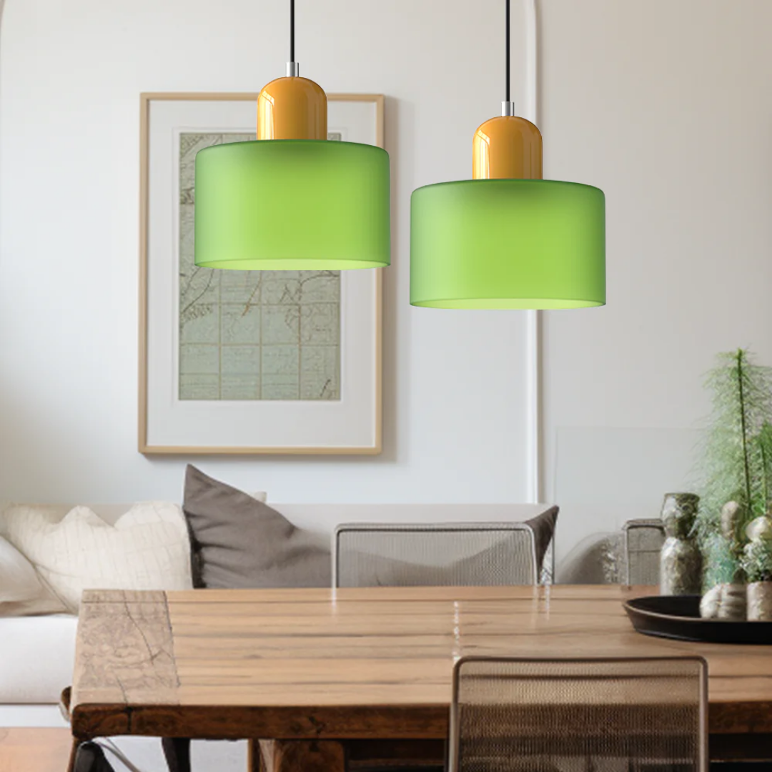 Retro Pendant Lamp with Orange Glass Shade & Green Top