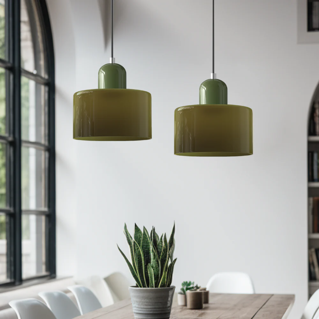 Retro Pendant Lamp with Orange Glass Shade & Green Top