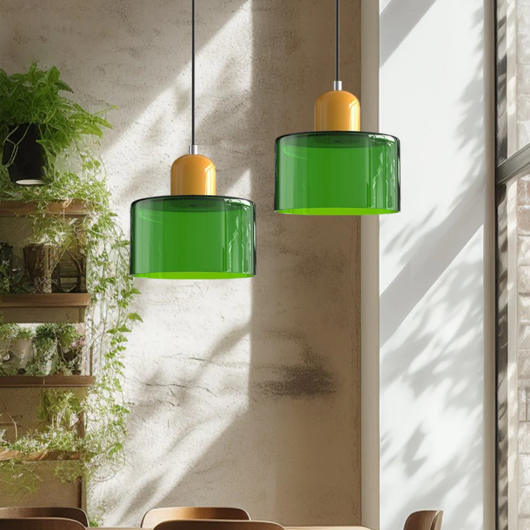Retro Pendant Lamp with Orange Glass Shade & Green Top