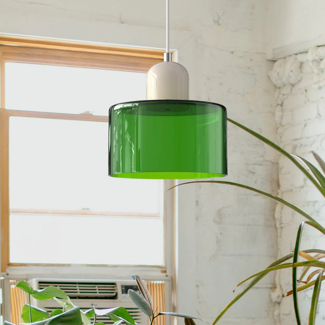 Retro Pendant Lamp with Orange Glass Shade & Green Top