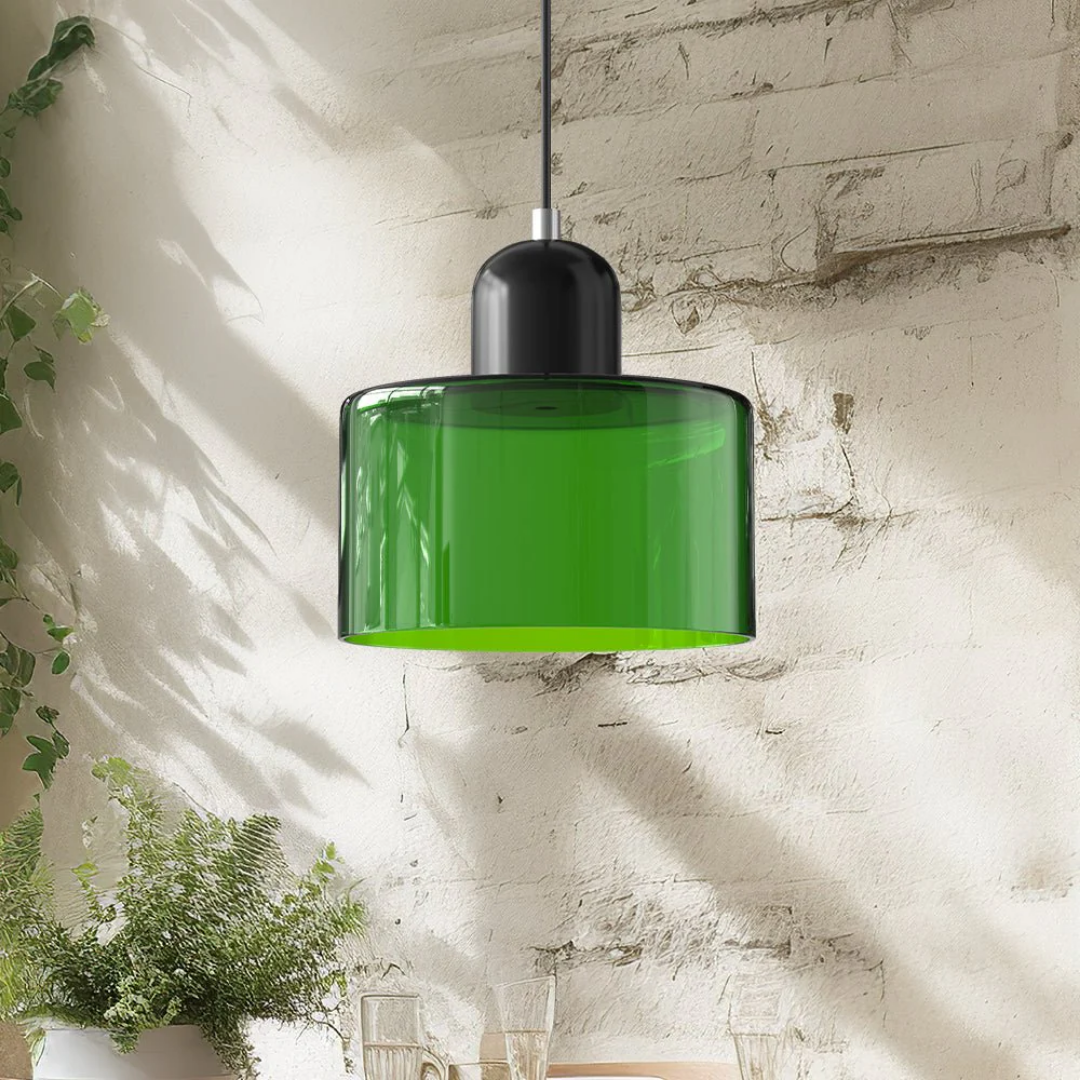 Retro Pendant Lamp with Orange Glass Shade & Green Top