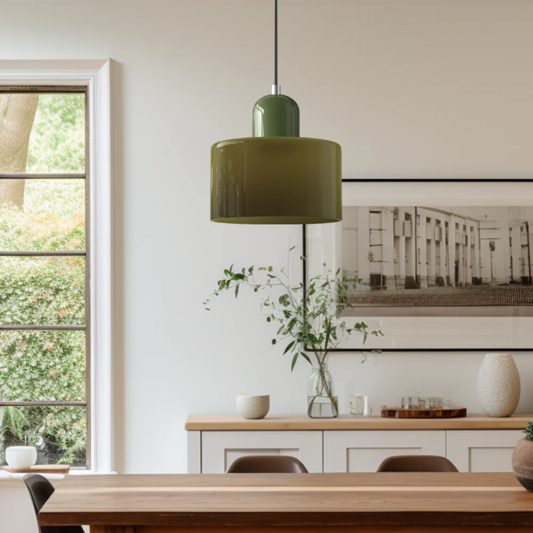 Retro Pendant Lamp with Orange Glass Shade & Green Top