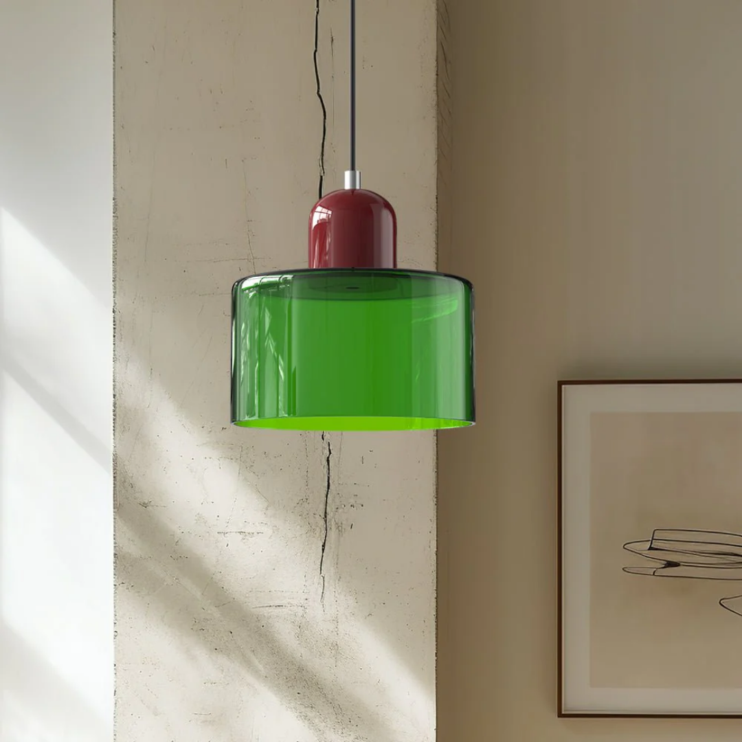 Retro Pendant Lamp with Orange Glass Shade & Green Top
