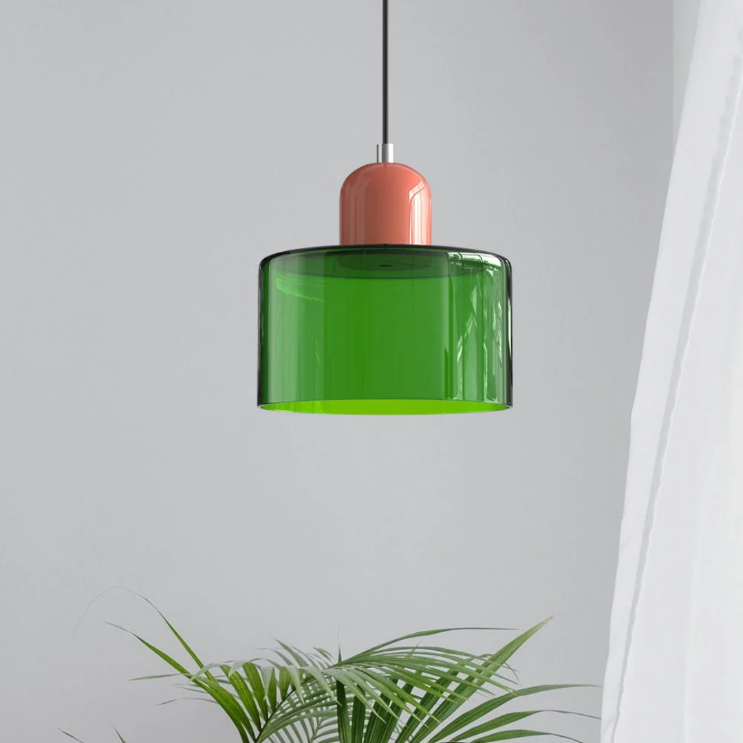 Retro Pendant Lamp with Orange Glass Shade & Green Top