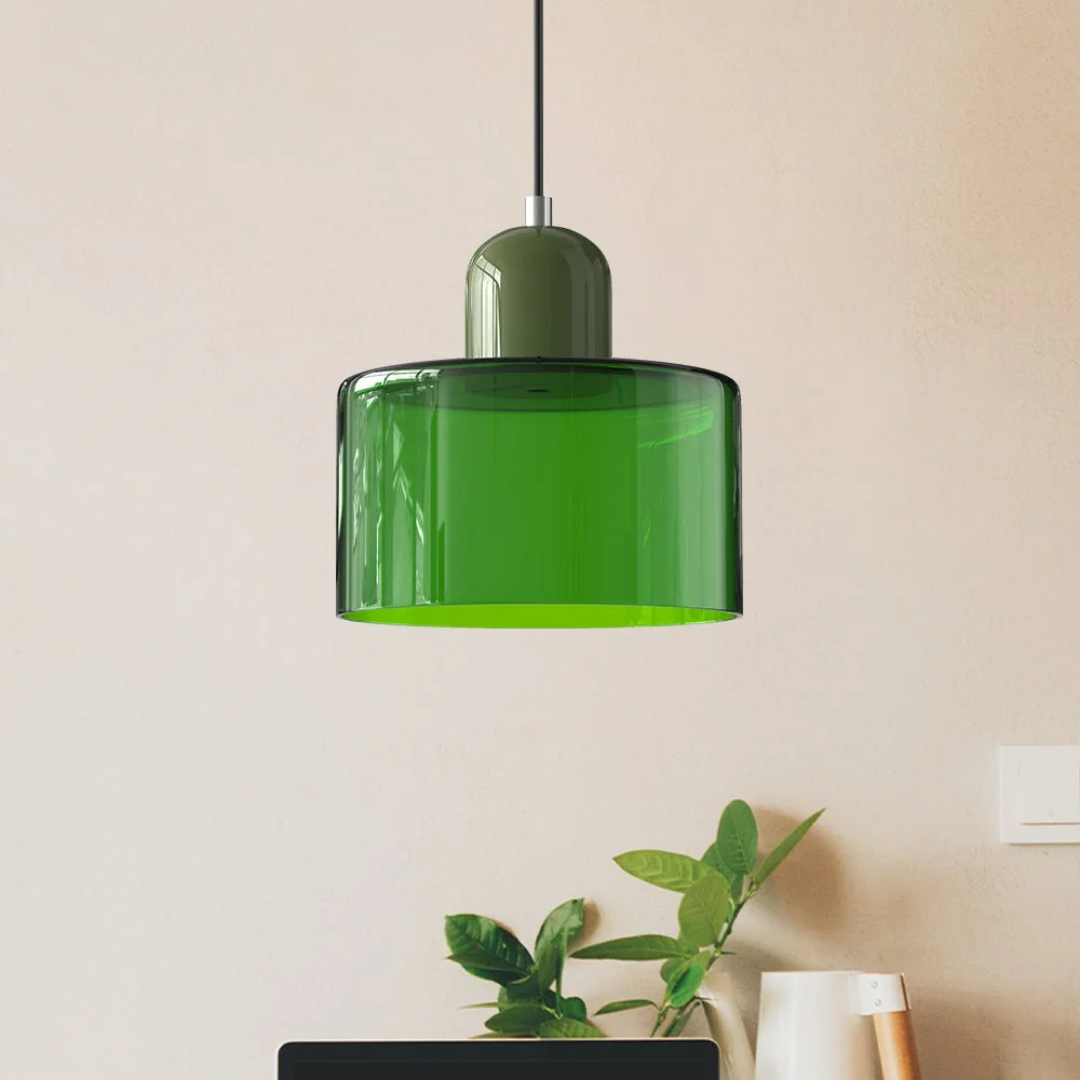 Retro Pendant Lamp with Orange Glass Shade & Green Top